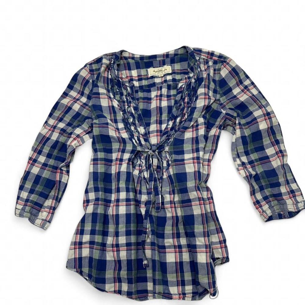 Abercrombie Plaid Multi Color Flannel Blouse With Ruffle Trim Tie Detail Size L